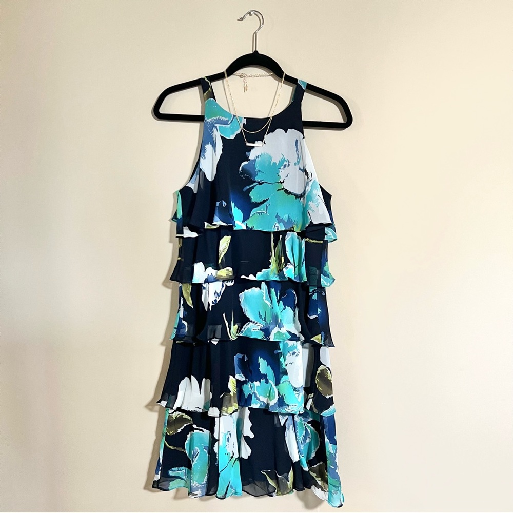 S.L. FASHIONS Ruffled Tiered Sleeveless Dress in Blue